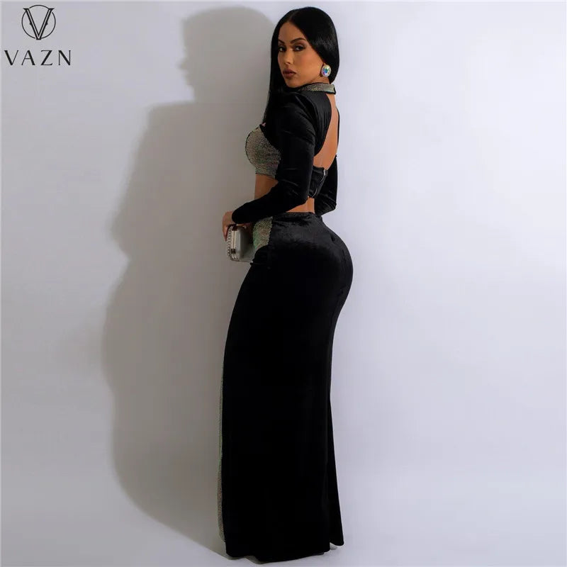 VAZN 2022 Hot Drilling Sexy Club Party Style Women Suit Long Sleeve Dew Waist Top Floor Length Skirt Lady Pure Color 2 Piece Set