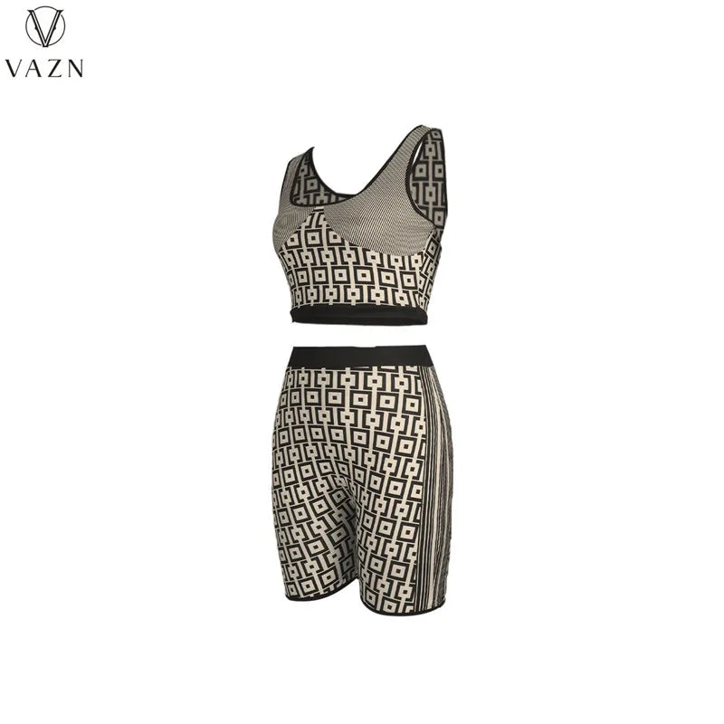 VAZN 2023 Street Girl Style Women Sets Sleeveless Round Neck Short Top Elastic Short Pants Lady Printed Lady 2 Piece Set