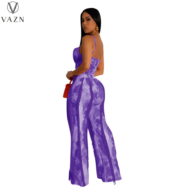 VAZN New 2023 Sleeveless Strapless Jumpsuits Elastic Long Pants Printed Lady Two Piece Set Casual Street Style Women Suit