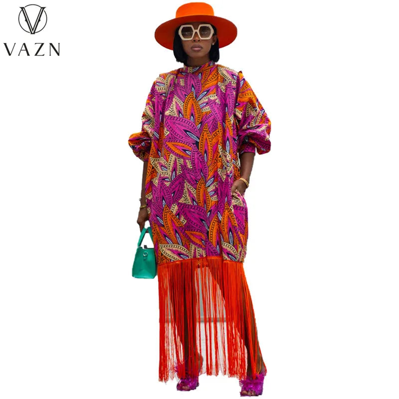 VAZN 2023 New Luxury Designer Young Retro Print Sexy Overalls Round Neck Full Sleeve Style Women Long Straight Tassel Dress