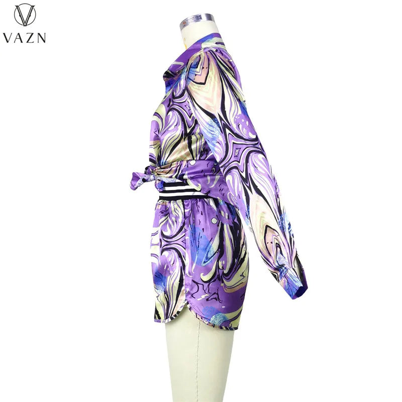 VAZN 2022 Ladies Fashion Street Girl Style Women Suit Long Sleeve Lapel Shirt Elastic Short Pants Printed Two Piece Sets