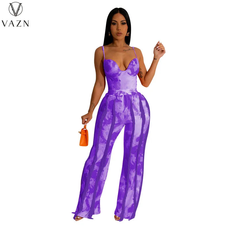 VAZN New 2023 Sleeveless Strapless Jumpsuits Elastic Long Pants Printed Lady Two Piece Set Casual Street Style Women Suit