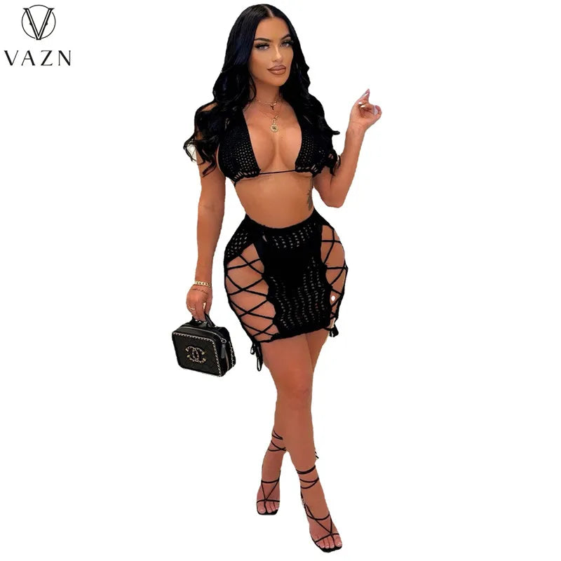 VAZN 2022 Fashion New Sexy Club Party Style Women Suit Sleeveless Short Top Elastic Mini Short Skirt Hollow Out 2 Piece Sets