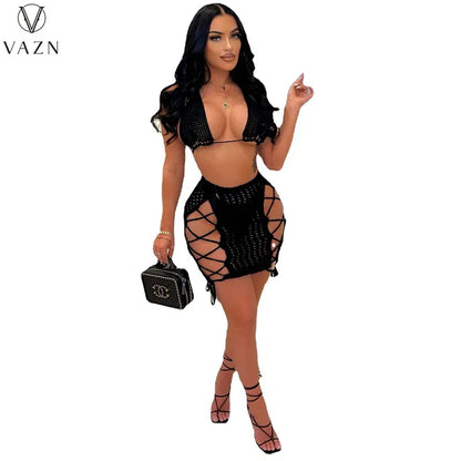 VAZN 2022 Fashion New Sexy Club Party Style Women Suit Sleeveless Short Top Elastic Mini Short Skirt Hollow Out 2 Piece Sets