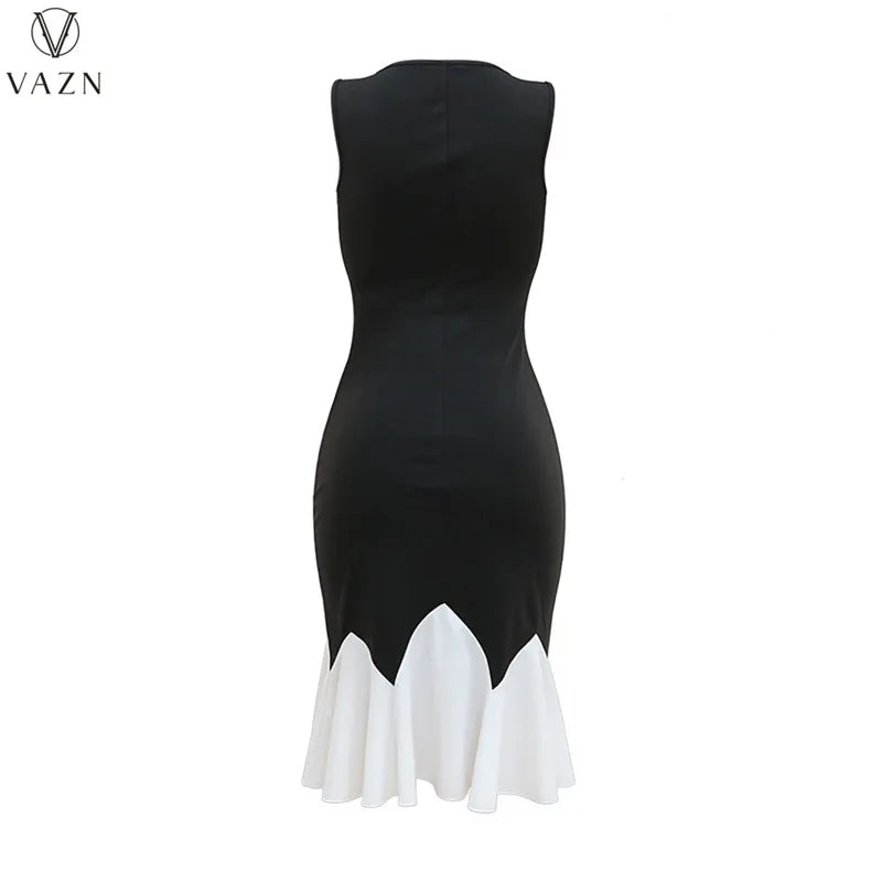 VAZN 2023 High Street Style Women Mid Long Dress Printed Lady  Long Dresses Hot Sale Sleeveless Zipper V Neck Dress