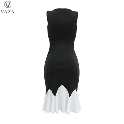 VAZN 2023 High Street Style Women Mid Long Dress Printed Lady  Long Dresses Hot Sale Sleeveless Zipper V Neck Dress