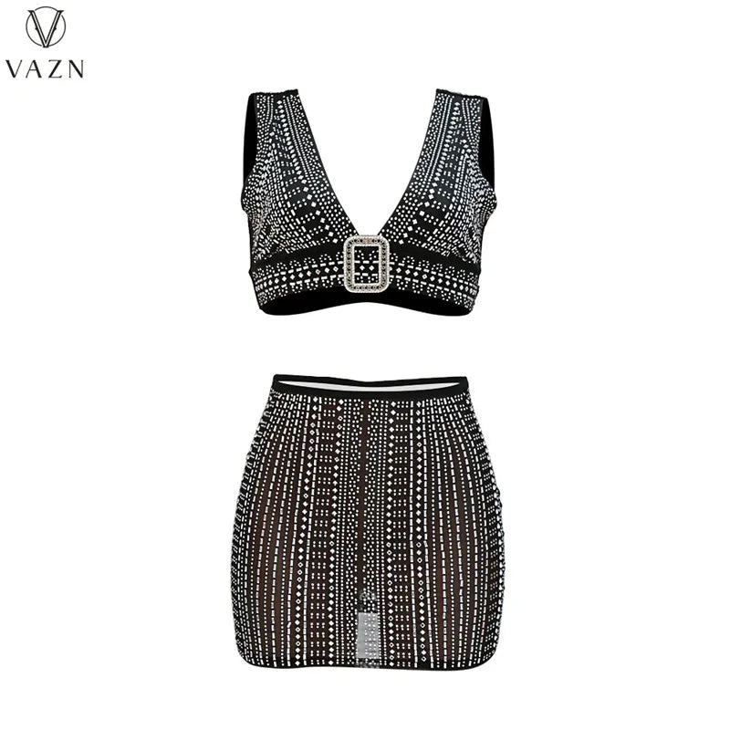 VAZN 2022 Hot Sale Sexy Club Party Style Women Sets Sleeveless V Neck Short Top Elastic Mini Short Skirt Lady Two Piece Set