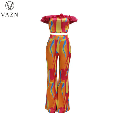 VAZN New 2023 Short Sleeve Card Shoulder Top Elastic Long Pants Printed Lady 2 Piece Set Fashion Casual Street Style Women Suit