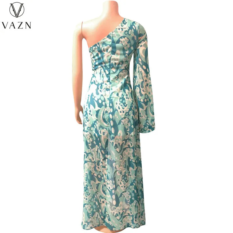 VAZN 2023  Top Quality Retro Print Young Sexy Club Chiffon Full Sleeve One Off Shoulder Women High Waist Long Spit Dress