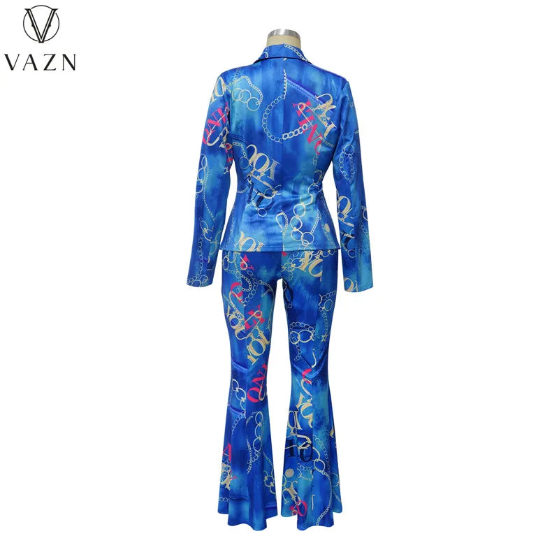 VAZN 2023 Autumn Latest Style Retro Print Office Lady Full Sleeve Suits Open Stitch +Long Boot Cut Pants Women 2 Piece Set