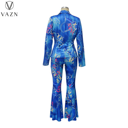 VAZN 2023 Autumn Latest Style Retro Print Office Lady Full Sleeve Suits Open Stitch +Long Boot Cut Pants Women 2 Piece Set