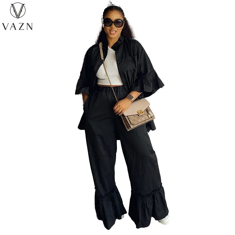 VAZN New 2023 Half Sleeve Single Breasted Top Elastic Long Pants Pure Color Lady 2 Piece Set Casual Street Style Women Suit