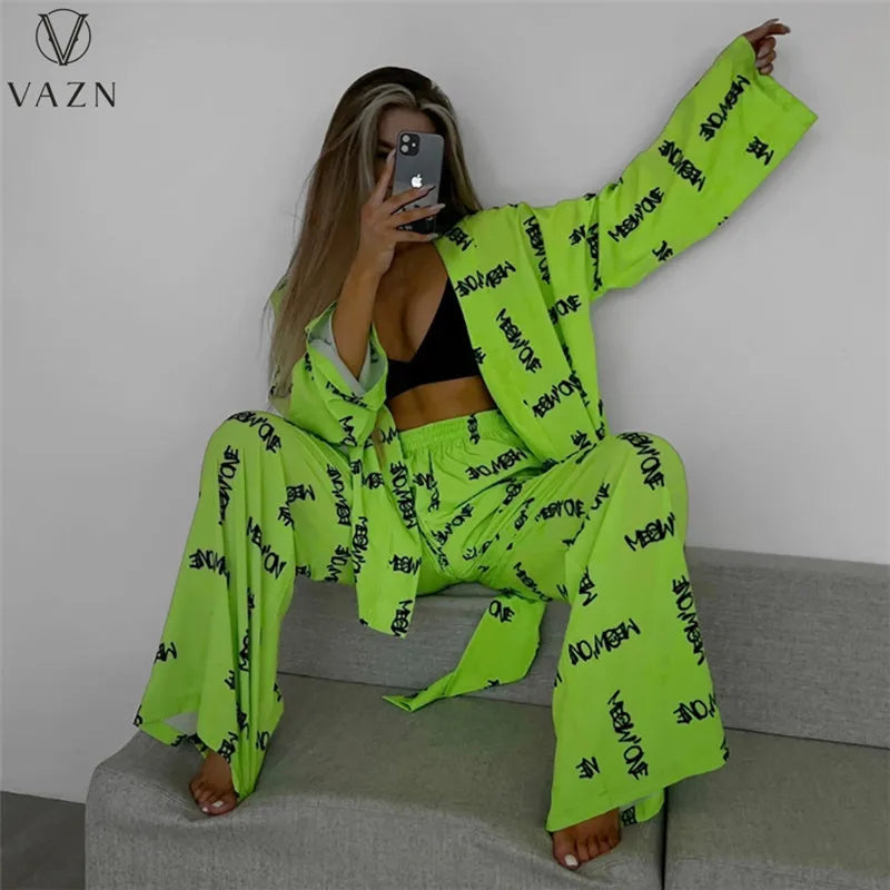 VAZN New 2023 Long Sleeve No Collar Top Elastic Long Pants Printed Lady 2 Piece Set Casual Street Style Women Suit