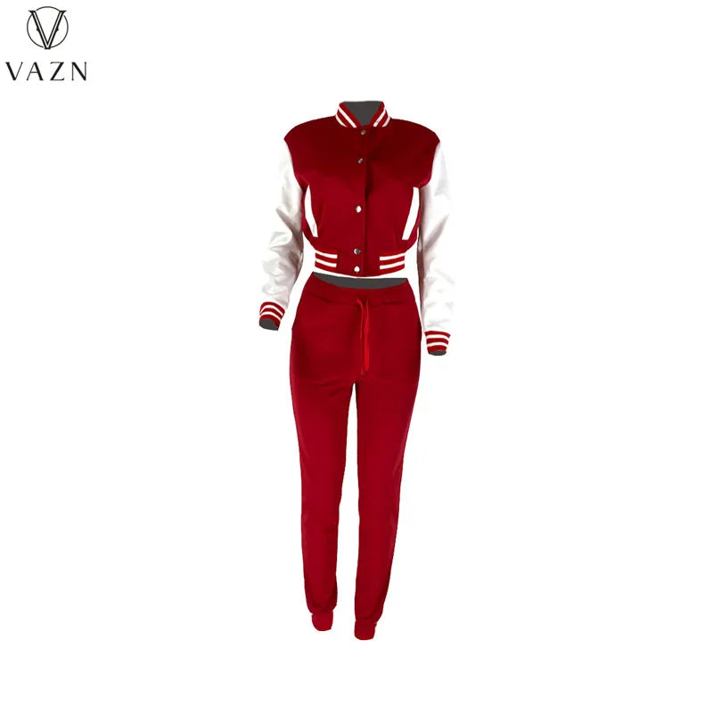 VAZN 2022 Fashion Lady Street Casual Style 2 Piece Sets Long Sleeve Short Top Elastic Long Pants Pure Color Women Suit