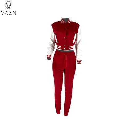 VAZN 2022 Fashion Lady Street Casual Style 2 Piece Sets Long Sleeve Short Top Elastic Long Pants Pure Color Women Suit