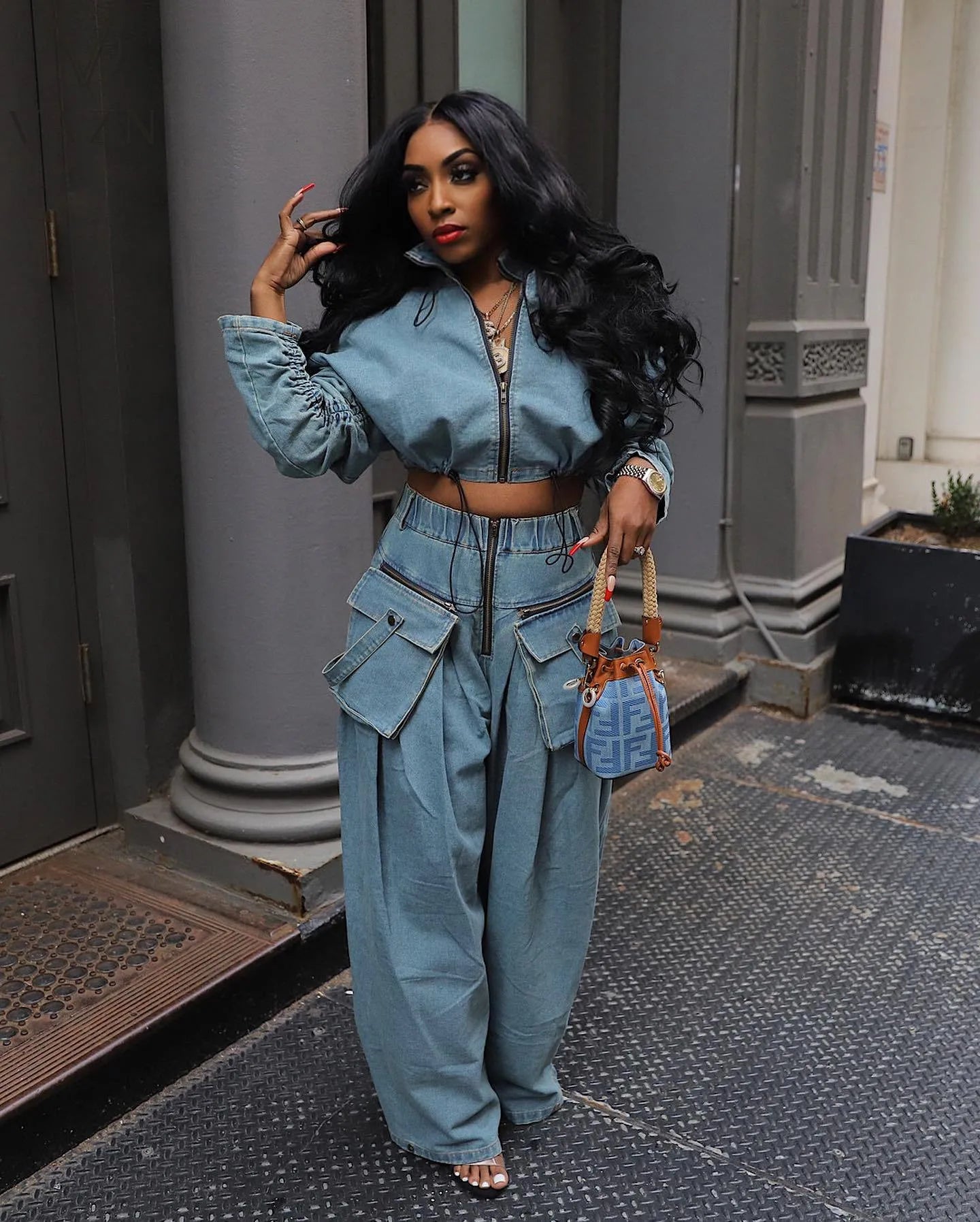 VAZN 2023 Hot Popular Denim Loose Set Solid Young Lazy High-end Full Sleeve Safari Style + Long Wide Leg Pants Women 2 Piece Set