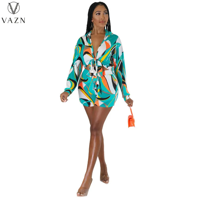 VAZN 2023 New Street Casual Style Women Sets Long Sleeve Lapel Top Elastic Short Pants Lady Printed Lady Two Piece Set