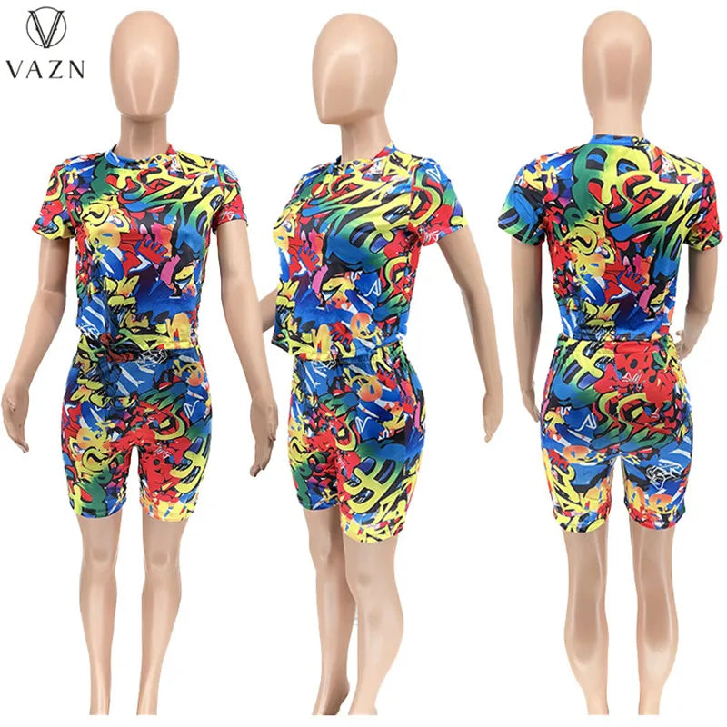 VAZN 2023 Street Casual Style Women Sets Short Sleeve Round Neck Top Elastic Short Pants Lady Printed Lady Two Piece Set