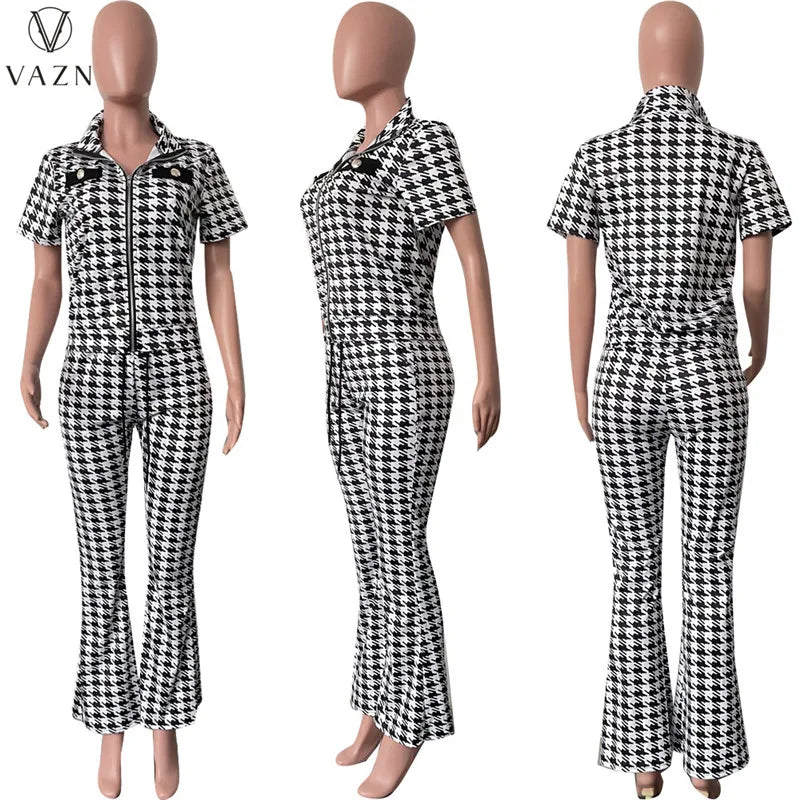 VAZN 2023 New Fashion Casual Street Style 2 Piece Sets Short Sleeve Lapel Zipper Top Elastic Long Pants Printed Women Set