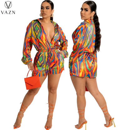 VAZN New 2022 Fashion Street Casual Style Women Suit Long Sleeve Lapel Top Elastic Pockets Short Pants Printed Two Piece Set