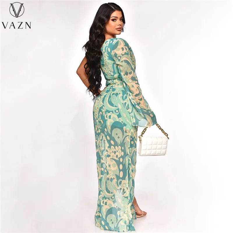 VAZN 2023  Top Quality Retro Print Young Sexy Club Chiffon Full Sleeve One Off Shoulder Women High Waist Long Spit Dress