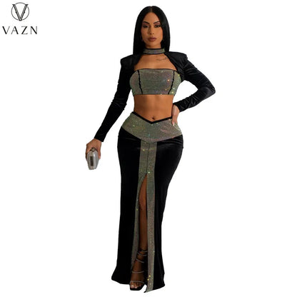 VAZN 2022 Hot Drilling Sexy Club Party Style Women Suit Long Sleeve Dew Waist Top Floor Length Skirt Lady Pure Color 2 Piece Set