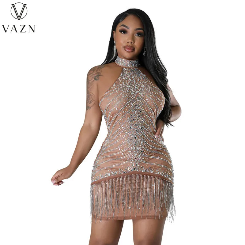 VAZN 2023 New Luxury Designer Solid Lace Sexy Club Hotsweet Diamonds Halter Off Shoulder Tassel High Waist Women Short Dress