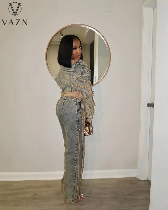 VAZN 2023 Hot List High-end Denim Set Young Sexy High Street Heavy Industry Full Sleeve + Lone Wide Leg Pants Women 2 Piece Set