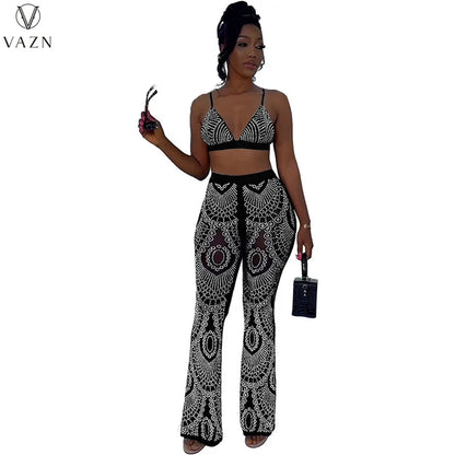 VAZN 2022 Fashion Lady Sexy Street Style 2 Piece Sets Sleeveless Strapless Short Top Elastic Long Pants Printed Women Sets