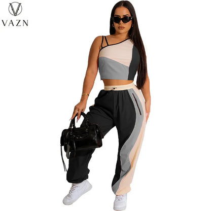 VAZN New 2023 Sleeveless One Shoulder Short Top Elastic Long Pants Printed Lady 2 Piece Set Fashion Casual Street Style