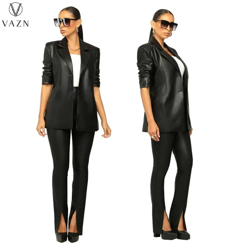 VAZN New 2022 Long Sleeve Lapel Outwear Top Elastic Long Pants Pure Color Lady 2 Piece Set Casual Street Style Women Suit