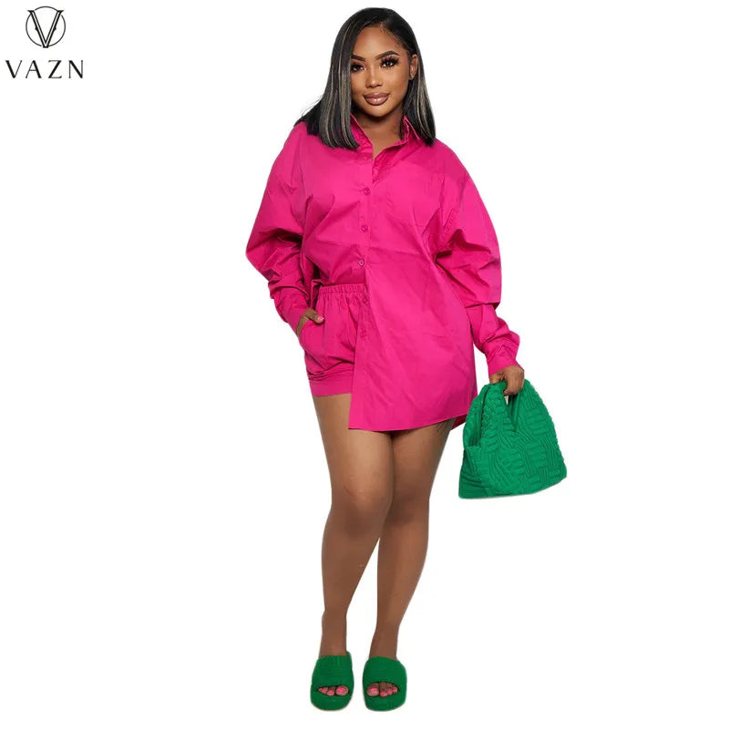 VAZN 2022 New Women Street Casual Style Sets Long Sleeve Lapel Single Breasted Shirt Elastic Short Pants Pure Color 2 Piece Set