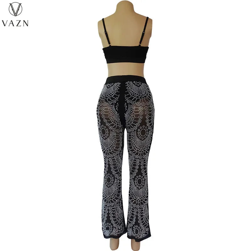 VAZN 2022 Fashion Lady Sexy Street Style 2 Piece Sets Sleeveless Strapless Short Top Elastic Long Pants Printed Women Sets