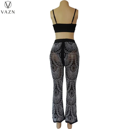 VAZN 2022 Fashion Lady Sexy Street Style 2 Piece Sets Sleeveless Strapless Short Top Elastic Long Pants Printed Women Sets