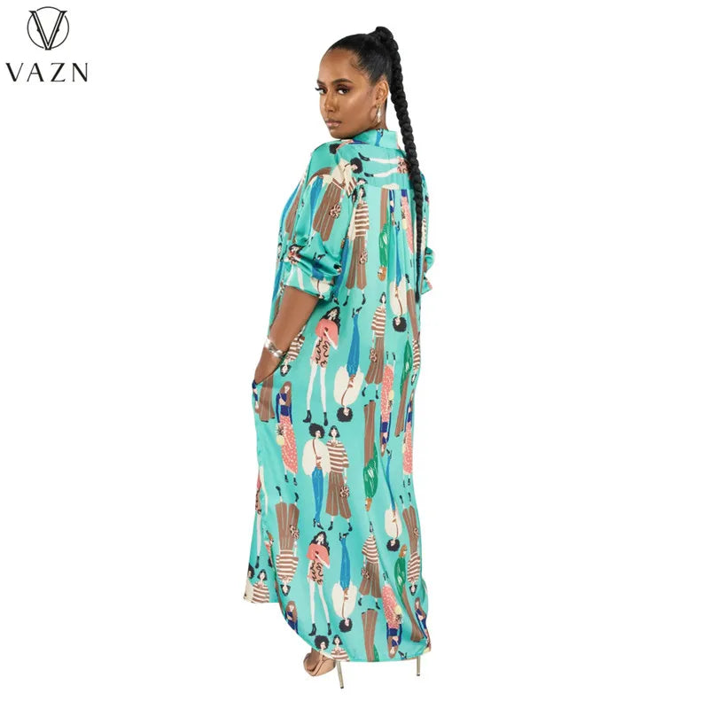 VAZN 2023 Printed Lady Long Dresses Hot Sale Long Sleeve Lapel Dress Casual Street Style Women Floor Length Shirt Dress