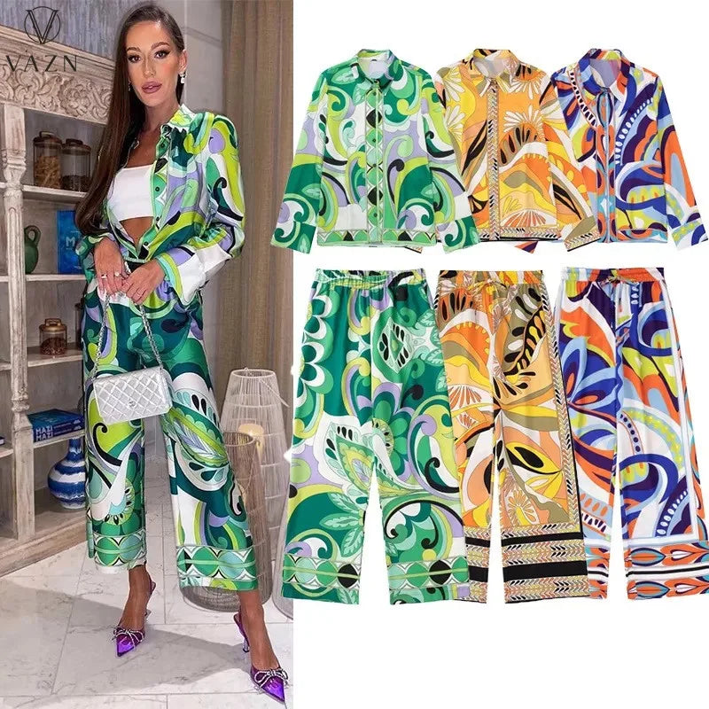 VAZN New 2022 Fashion Street Casual Style Women Suit Long Sleeve Lapel Shirt Elastic Long Pants Printed Two Piece Sets