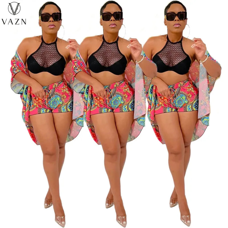 VAZN 2022 Women Sexy Holiday Style Sets Short Sleeve Outwear Elastic Short Pants Printed Lady Two Piece Set