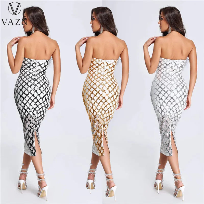 VAZN 2023 New Luxury Designer Young Sexy Club Patchwork Strapless Sleeveless Backless Women High Waist Long Pencil Dress