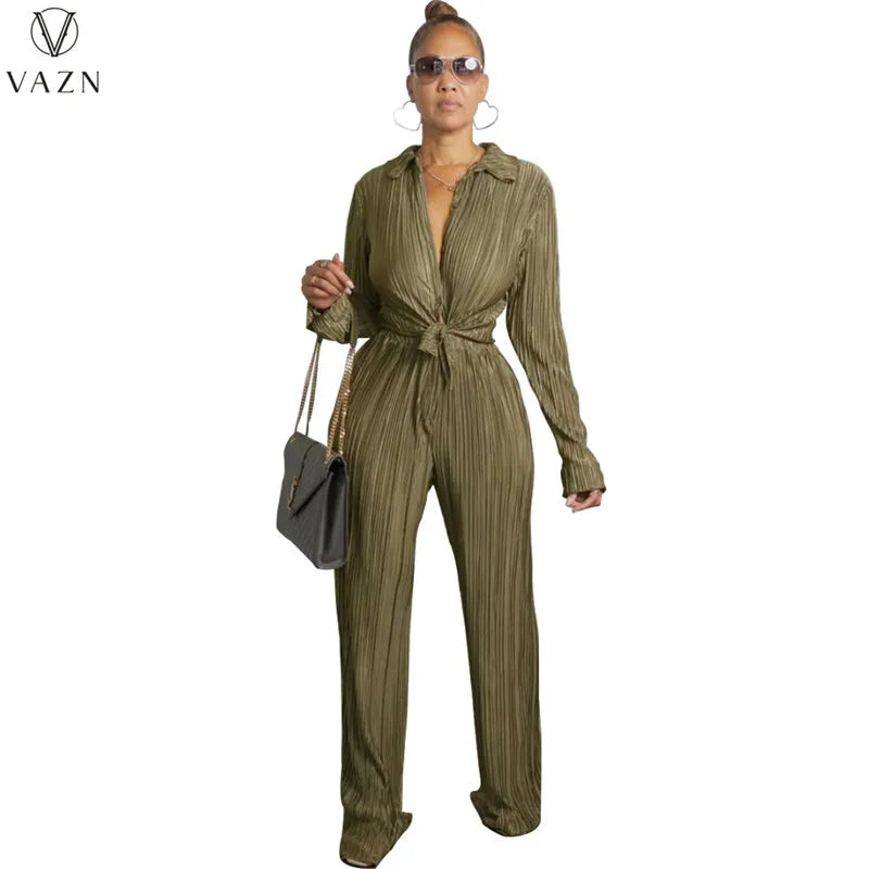 VAZN New 2022 Fashion Casual Street Style Women Suit Long Sleeve Lapel Shirt Top Long Pants Pure Color Two Piece Set