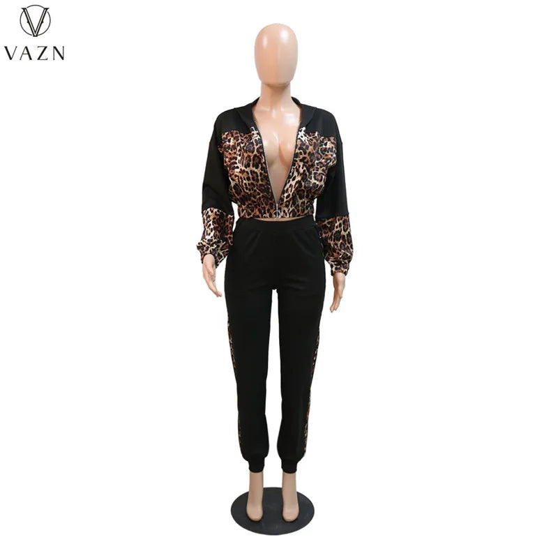 VAZN 2023 New Fashion Lady Casual Street Style 2 Piece Sets Long Sleeve Zipper Top Elastic Long Pants Leopard Grain Women Sets