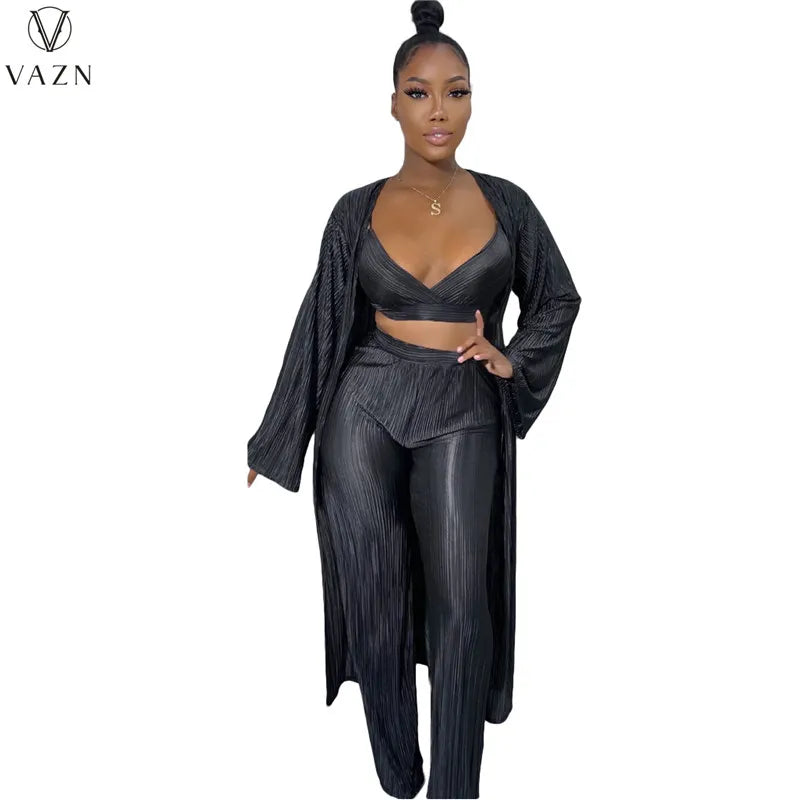 VAZN New 2022 Fashion Casual Street Style Women Suit Long Sleeve Outwear Short Vest Long Pants Pure Color 3 Piece Set