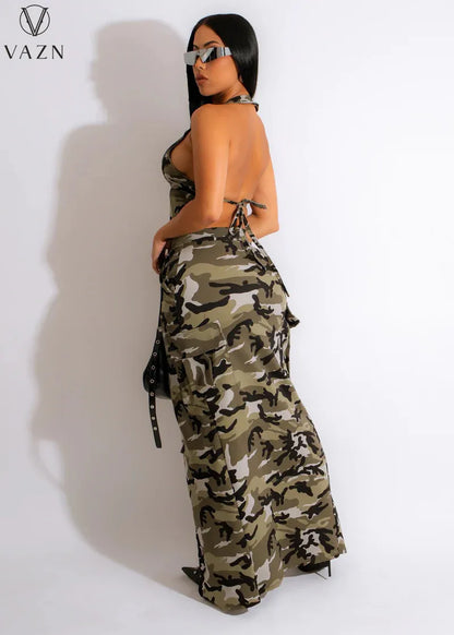 VAZN 2023 Sexy Girl Style Women Sets Sleeveless Deep V Long Dress Elastic Short Pants Lady Camouflage Lady 2 Piece Set