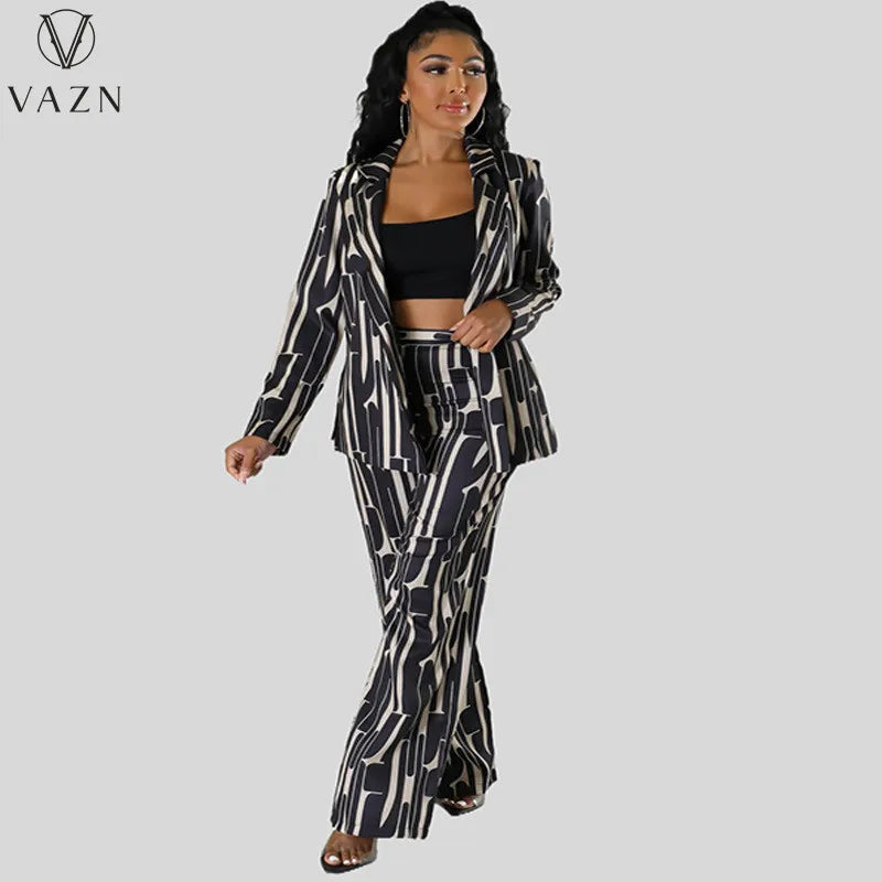 VAZN 2023 Hot Popular Retro Print Suit Set Office Lady Open Stitch Full Sleeve + Long Wide Leg Pants Women 2 Piece Set