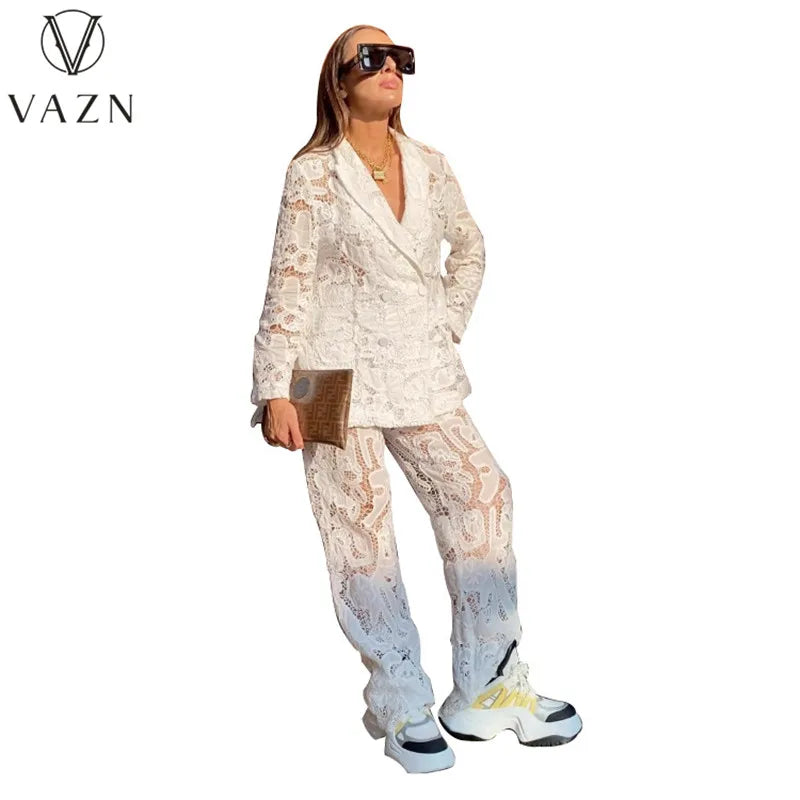 VAZN 2023 New Fashion Casual Street Style 2 Piece Sets Long Sleeve Lapel Top Elastic Long Pants Pure Color Lace Women Set