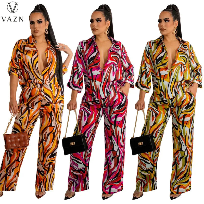 VAZN New 2022 Long Sleeve Lapel Shirt Elastic Long Pants Printed Lady 2 Piece Set Casual Street Style Women Suit