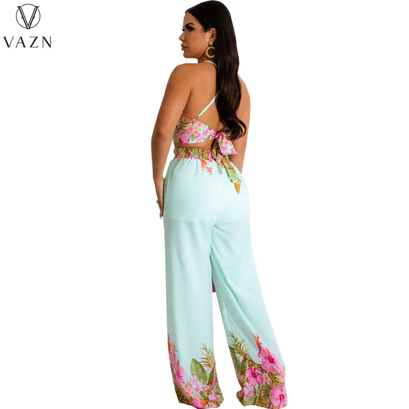 VAZN New 2023 Sleeveless Strapless Short Top Elastic Long Pants Printed Lady Two Piece Set Sexy Holiday Style Women Suit