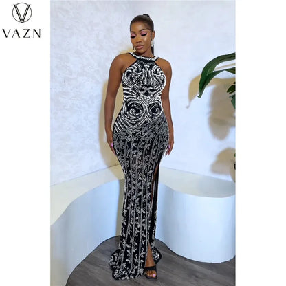 VAZN 2023 New Luxury Designer Young Sexy Club Diamonds Flaring Spaghetti Strap Backless Women High Waist Long Mermaid Dress