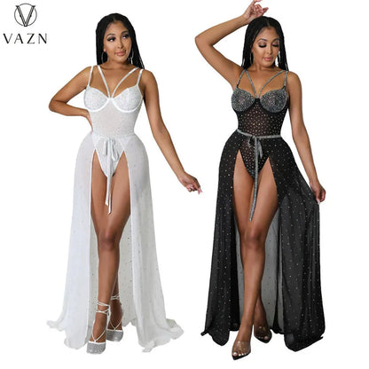 VAZN 2022 Sexy Club Party Style Women Suit Sleeveless Jumpsuits Elastic Floor Length Skirt Pure Color Two Piece Set