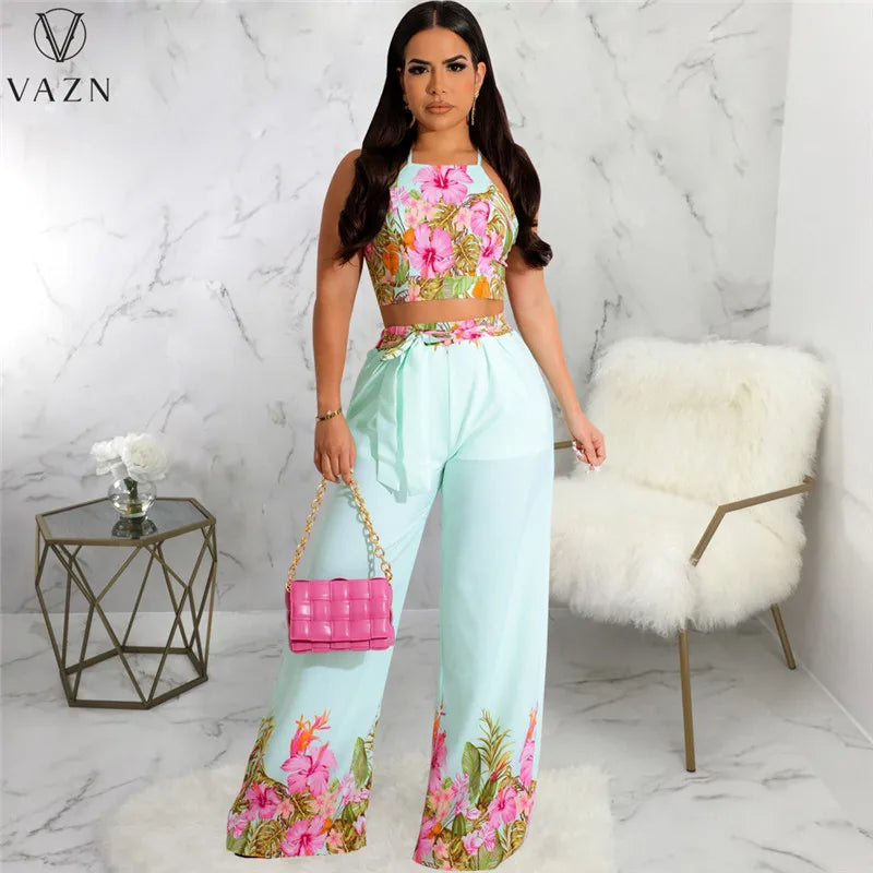 VAZN New 2023 Sleeveless Strapless Short Top Elastic Long Pants Printed Lady Two Piece Set Sexy Holiday Style Women Suit