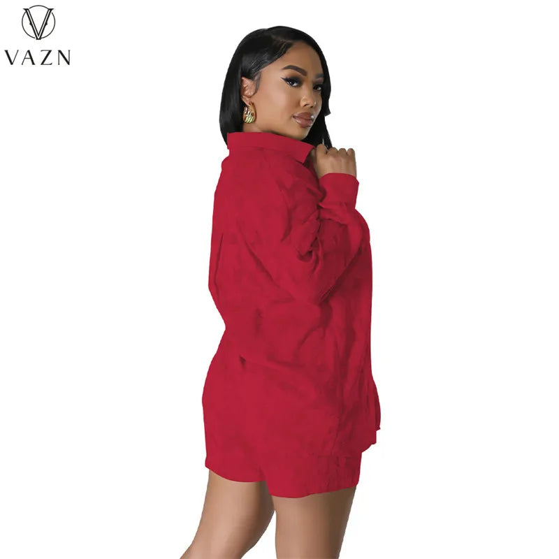 VAZN 2023 Street Casual Style Women Sets Long Sleeve Lapel Shirt Elastic Pockets Short Pants Lady Pure Color Lady Two Piece Set